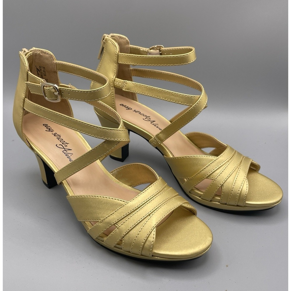 New Easy Street Women's Crissa Strappy Heels 7.5 Gold Sheen Satin Dance $69.99